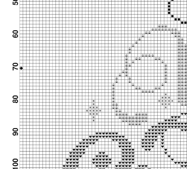 May include: Black and white cross stitch pattern featuring a stylised image of a bird with a heart in its beak. The bird is surrounded by hearts and stars.