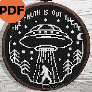 Bigfoot UFO cross stitch pattern, extraterrestrial alien, Bigfoot cross stitch handmade gift