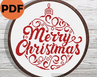 Merry Christmas Bauble cross stitch pattern PDF, easy merry christmas cross stitch lettering, Christmas cross stitch, Christmas ornaments