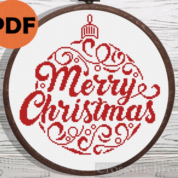 Merry Christmas Bauble cross stitch pattern PDF, easy merry christmas cross stitch lettering, Christmas cross stitch, Christmas ornaments