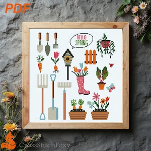 Patrón de punto de cruz "Hola Primavera": Muestrario de jardinería (Patrón PDF)