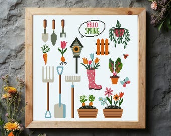 Kreuzstichmuster Frühling: Gartenarbeit (PDF-Muster)