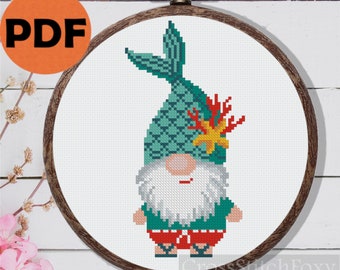 Mermaid gnome cross stitch pattern PDF, summer vacation gnome, beach gnome cross stitch