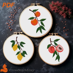 Fruit Tree Cross Stitch Patterns: Lemon, Peach, Orange (PDF Download)