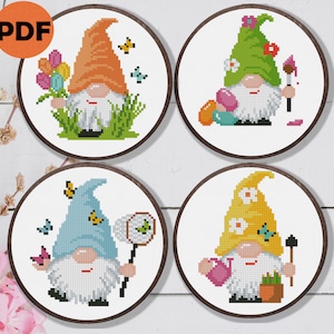 Gnomi primaverili Fiori Giardinaggio Schemi Punto Croce PDF, Schemi Punto Croce Gnomi