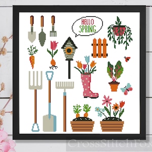 Hello Spring Cross Stitch Pattern: Gardening Sampler (PDF Pattern)