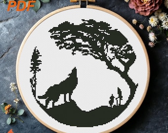 Howling Wolf Silhouette Cross Stitch Pattern: Moonlit Forest (PDF Pattern)