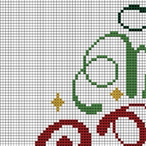 May include: Cross stitch pattern featuring the word "Merry" in green, red, and yellow thread. The letters are outlined in black thread. The pattern is on a white background.