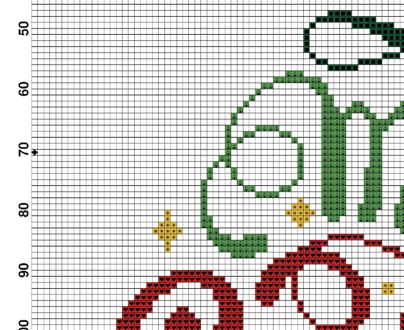 May include: Cross stitch pattern featuring the word "Merry" in green, red, and yellow thread. The letters are outlined in black thread. The pattern is on a white background.