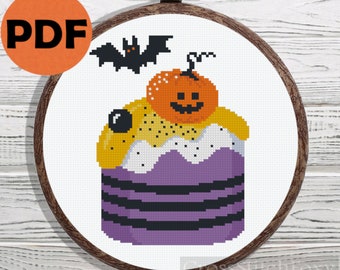 Halloween sweets pumpkin cross stitch pattern PDF, Halloween cross stitch, horror cross stitch schema, kitchen decor, Halloween cupcake