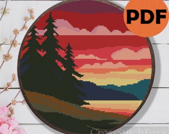 Sunset Forest River Landscape Cross Stitch Pattern PDF