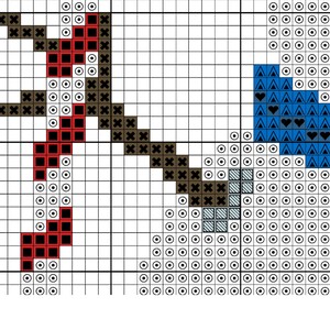 May include: Cross stitch pattern with a red, black, and white design on the left and a blue, white, and black design on the right. The pattern includes a variety of shapes, including squares, circles, and triangles.