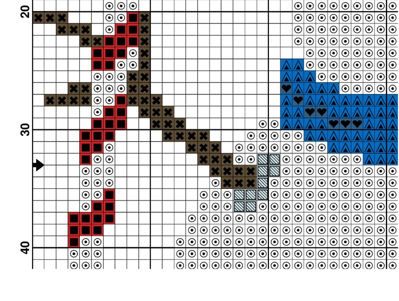 May include: Cross stitch pattern with a red, black, and white design on the left and a blue, white, and black design on the right. The pattern includes a variety of shapes, including squares, circles, and triangles.