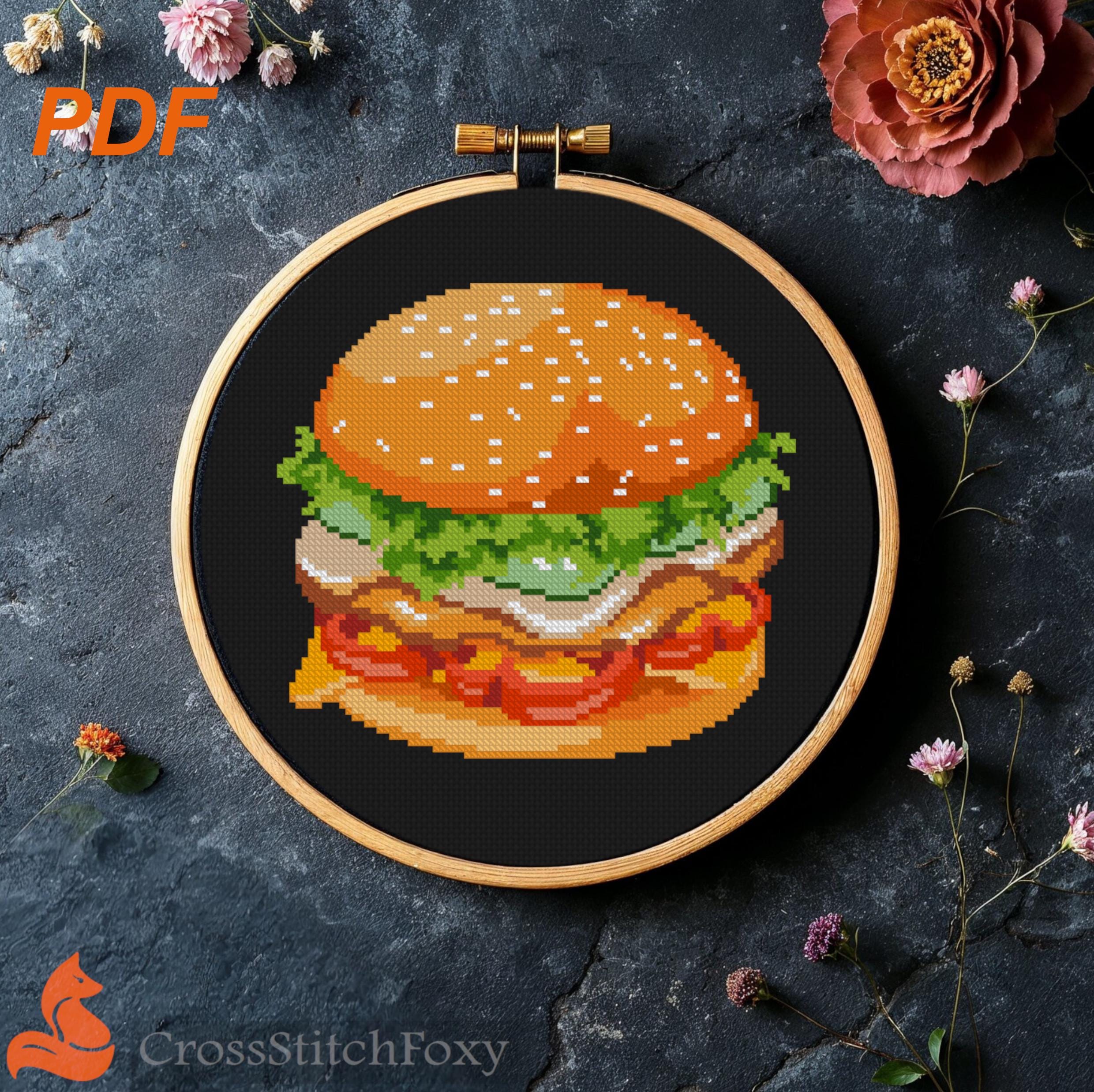 ハンバーガーのクロスステッチパターン：ファーストフードのキッチン