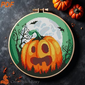 Halloween Pumpkin Moon Cross Stitch Pattern: Spooky Landscape (PDF Pattern)