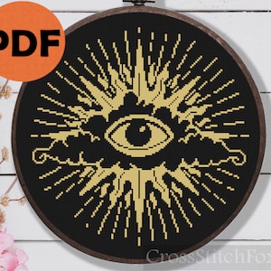 Mystical Eye Of Providence cross stitch pattern PDF, golden evil eye cross stitch, alchemy eye wiccan cross stitch, witchy cross stitch