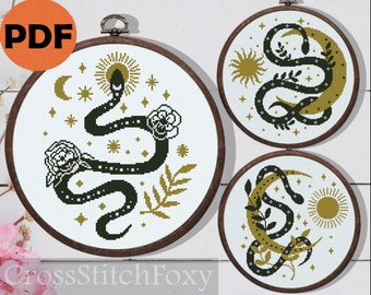 Mystical Snake Moon and Flowers cross stitch patterns PDF, mystery moon phases cross stitch wiccan cross stitch, pagan cross stitch