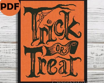 Trick or Treat spiderweb cross stitch pattern, Halloween cross stitch, horror cross stitch pattern, Happy Halloween cross stitch schema