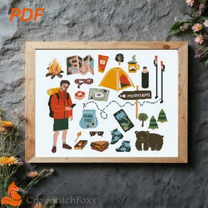 Hiking Man Camping Elements Cross Stitch Pattern PDF  Digital Download Mountain Climbing Lover Gift