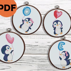 Penguin Balloons Cross Stitch Patterns PDF Digital Download Cute Nursery Animals Kids Room Wall Decor