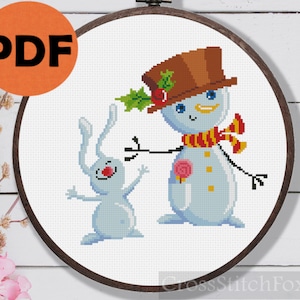 Christmas Snowman with Bunny cross stitch pattern PDF, easy Christmas ornament DIY cross stitch pattern, Christmas rabbit cross stitch