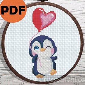Penguin Love Heart Balloon Nursery Decor Cross Stitch Pattern PDF