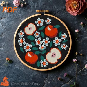 Patrón de punto de cruz moderno, fácil y pequeño, de flores de manzanas rojas, descarga digital en PDF