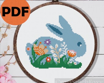 Floral Easter bunny cross stitch pattern PDF, easy small Easter rabbit counted cross stitch pattern for beginners