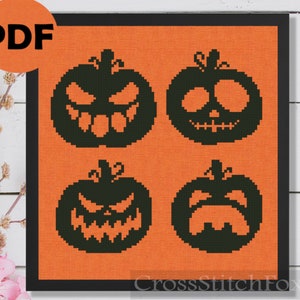 Halloween spooky pumpkins cross stitch pattern PDF, Jack O Lantern Halloween cross stitch, horror cross stitch pattern
