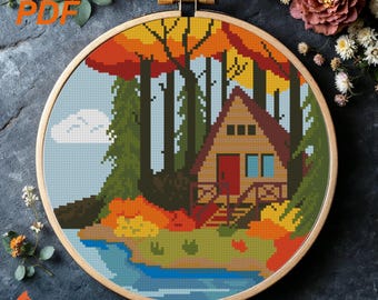 Fall Forest House Nature Landscape Cross Stitch Pattern PDF Digital Download