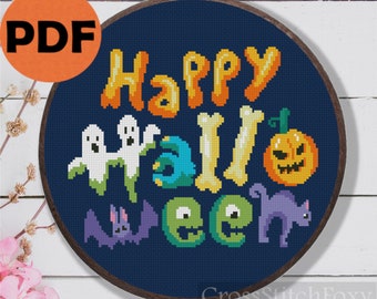 Happy Halloween Lettering Bones Monster Eye Pumpkin Cross Stitch Pattern PDF