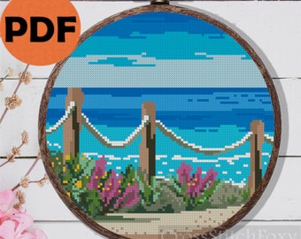 Summer Sea Beach Landscape Cross Stitch Pattern PDF Mediterranean Seascape Nature Scenery