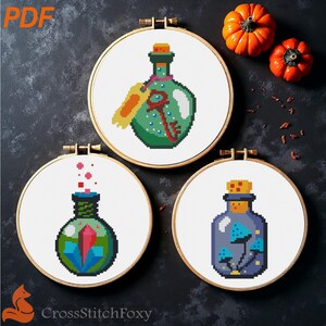 Halloween Magic Potion Bottles Cross Stitch Pattern: Witchy Alchemy (PDF set of 3)