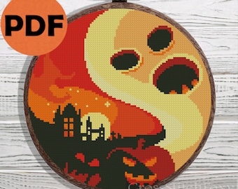 Halloween spooky ghost pumpkin castle landscape cross stitch pattern, Halloween cross stitch, horror cross stitch pattern