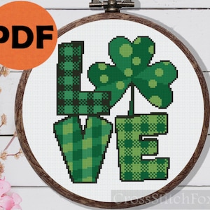 Liebe Kleeblatt Kreuzstichmuster: St Patrick&#39;s Day Buffalo Plaid (PDF-Muster)