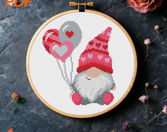 Valentine Gnome with Balloons Cross Stitch Pattern (PDF)