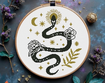 Snake Moon Flowers Cross Stitch Pattern: Mystical Pagan Decor (PDF Download)