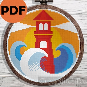 Lighthouse & Ocean Wave Cross Stitch Pattern (PDF Download)