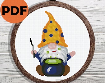 Halloween gnome with magic potion cross stitch pattern PDF, easy Halloween counted cross stitch pattern, small gnome wall decor
