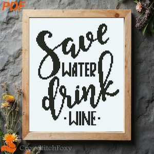 Schema punto croce per risparmiare acqua e bere vino: citazione divertente sull'alcol (download PDF)