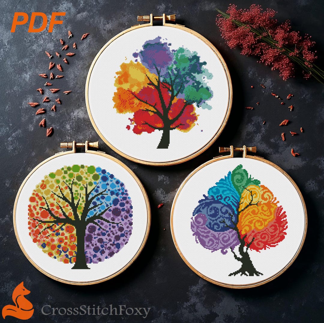 Four Seasons Tree Cross Stitch Patterns: Rainbow Floral Decor (PDF ...