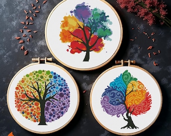 Patrones de punto de cruz del árbol de las cuatro estaciones: Decoración floral arcoíris (patrón PDF)
