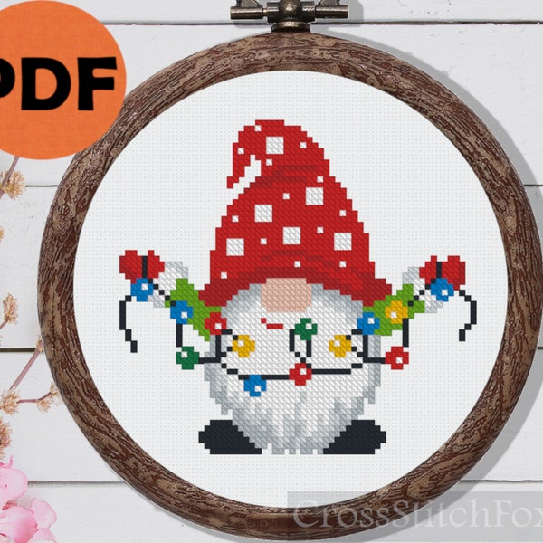 Christmas gnome cross stitch pattern PDF, Christmas lights easy Christmas gnome cross stitch pattern, small Scandinavian gnome