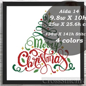 May include: Cross stitch pattern for a Christmas tree with the words "Merry Christmas" in red, green, and gold. The pattern is 9.8 inches wide by 10 inches high and uses 4 colours.