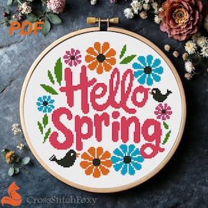 Hello Spring Cross Stitch Pattern: Floral Home Decor  (PDF Download)