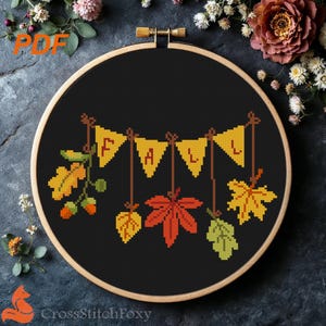 Fall Leaves Autumn Bunting Easy Cross Stitch Pattern PDF Digital Download