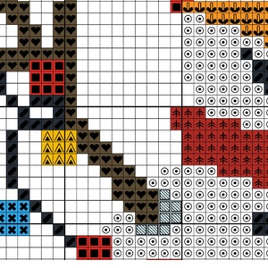 May include: Cross stitch pattern featuring a brown, black, and yellow design with a red and white background. The pattern includes hearts, triangles, and trees.
