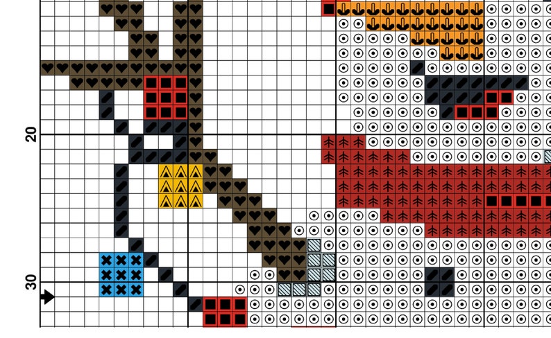 May include: Cross stitch pattern featuring a brown, black, and yellow design with a red and white background. The pattern includes hearts, triangles, and trees.