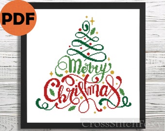 Merry Christmas Lettering cross stitch pattern PDF, easy cross stitch pattern instant download, Christmas cross stitch, Christmas ornaments