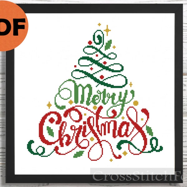 Merry Christmas Lettering cross stitch pattern PDF, easy cross stitch pattern instant download, Christmas cross stitch, Christmas ornaments